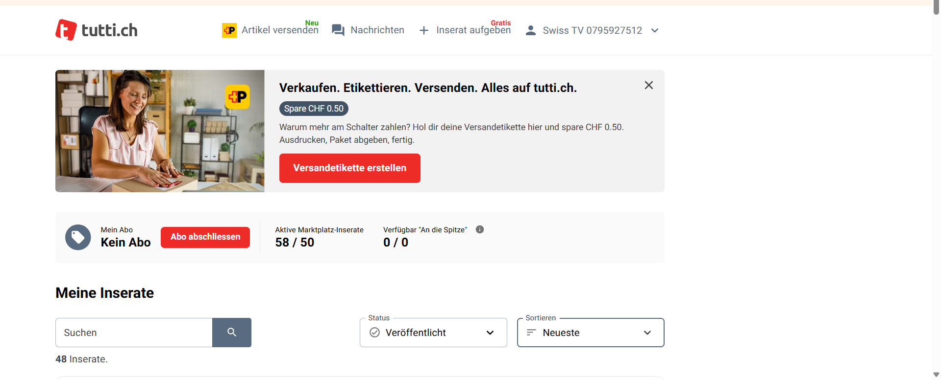 48 automatisch verwaltete Inserate auf tutti.ch